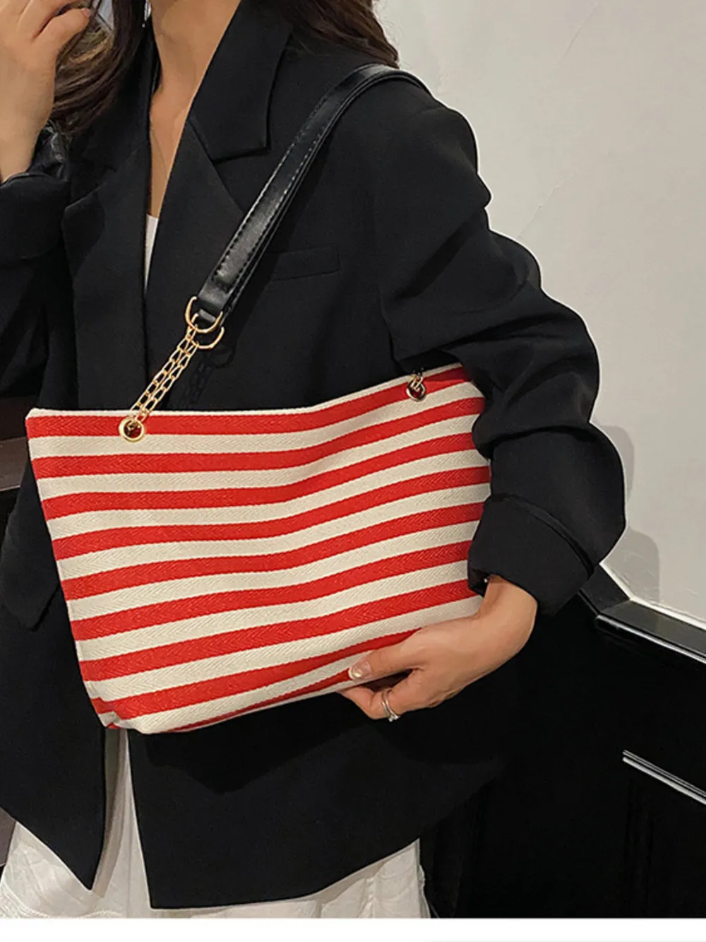 Striped Shoulder Bag with Chain Detail, image 11