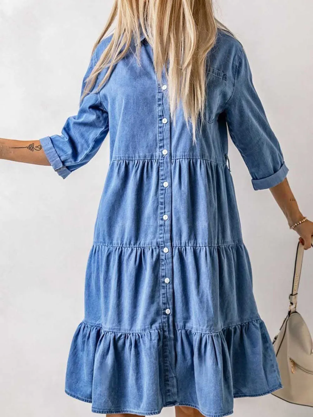 Full Size Ruffled Hem Button Up Denim Midi Dress Plus Size, image 3