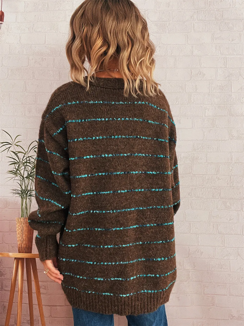 Striped Button-Up Cardigan with V-Neck Design, image 15
