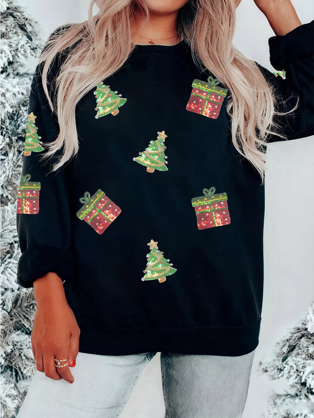 Sequin Christmas Trees Gifts Patched Drop Shoulder Sweatshirt, image 2