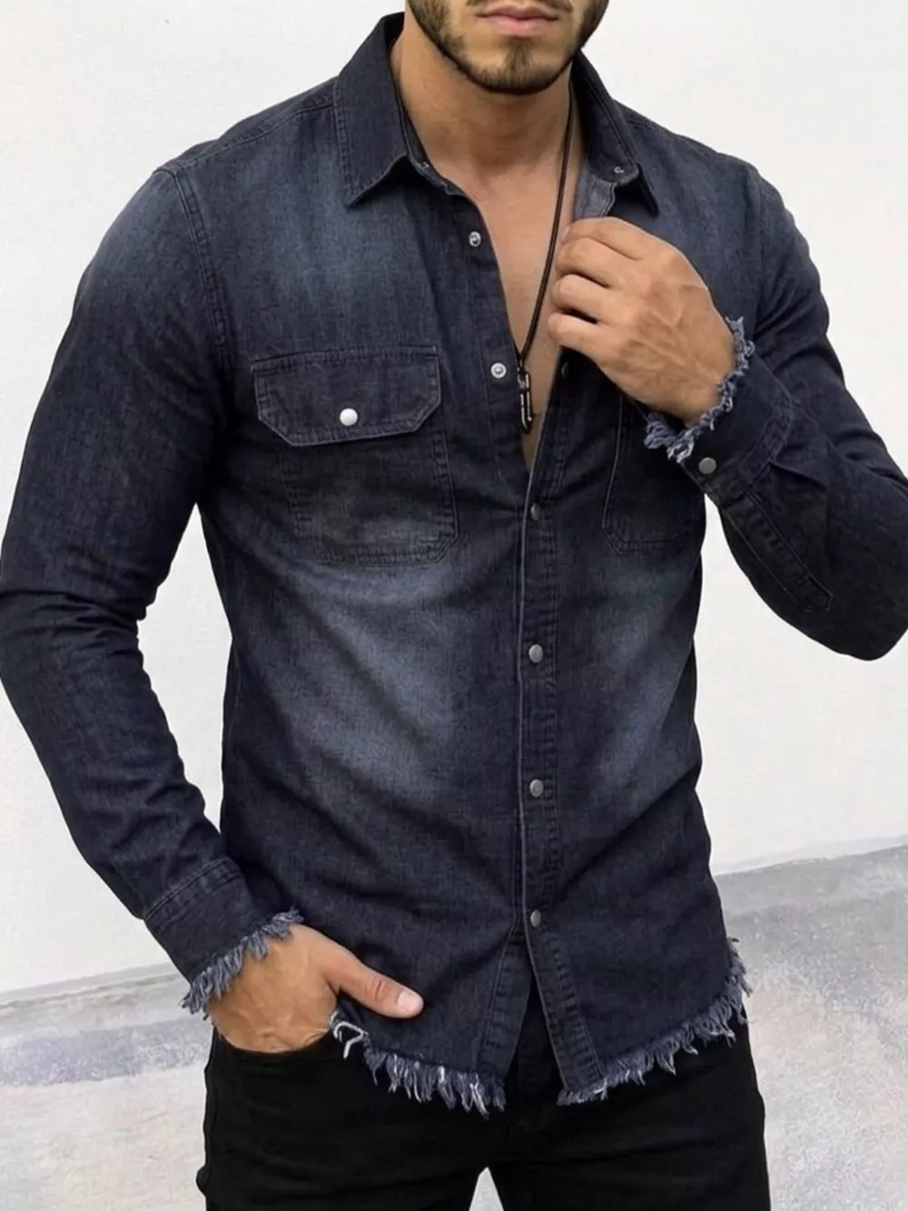 Men's Frayed Hem Denim Shirt, image 5