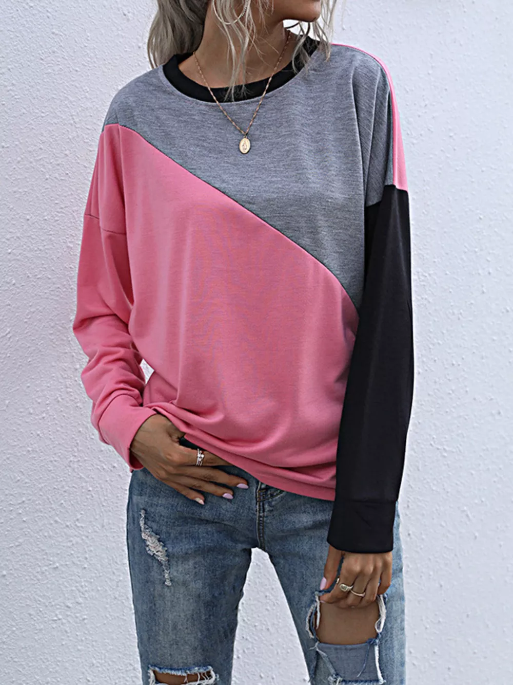 Color Block Casual Round Neck Sweatshirt