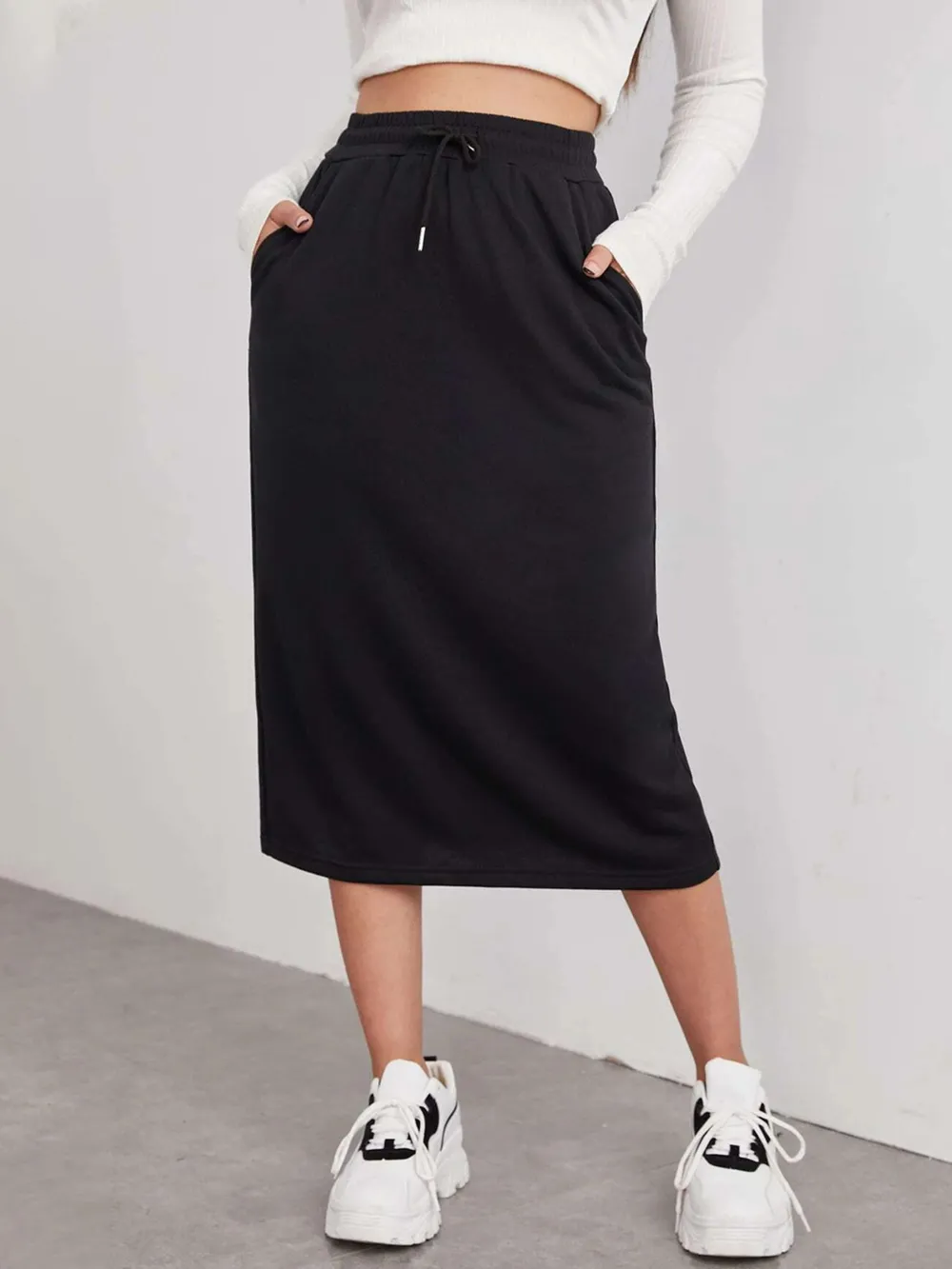 Slit Drawstring Midi Skirt
