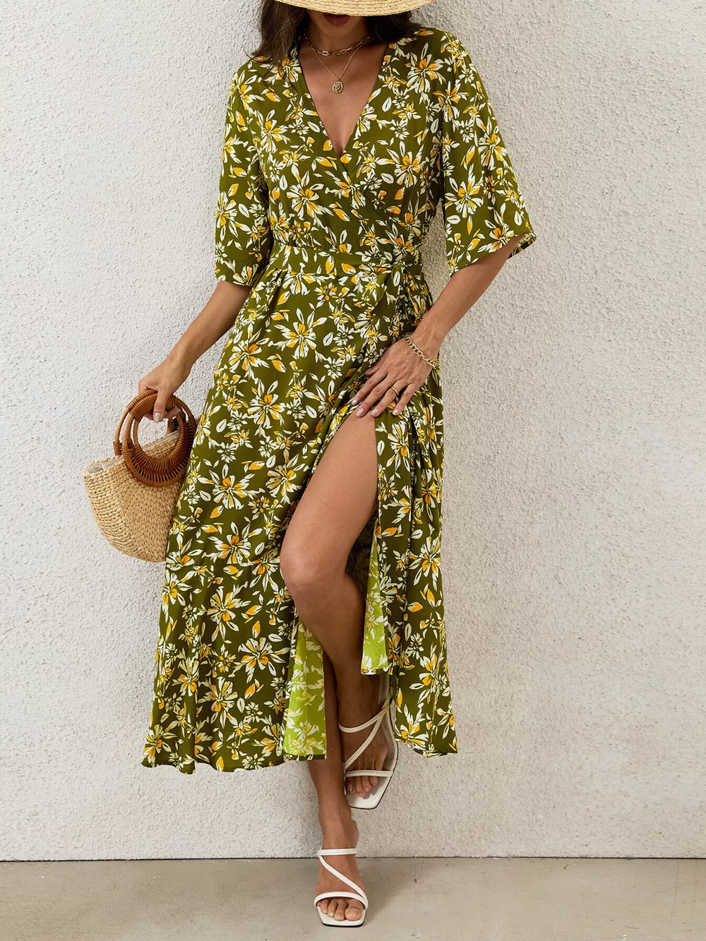 Slit Printed Surplice Midi Dress, image 8