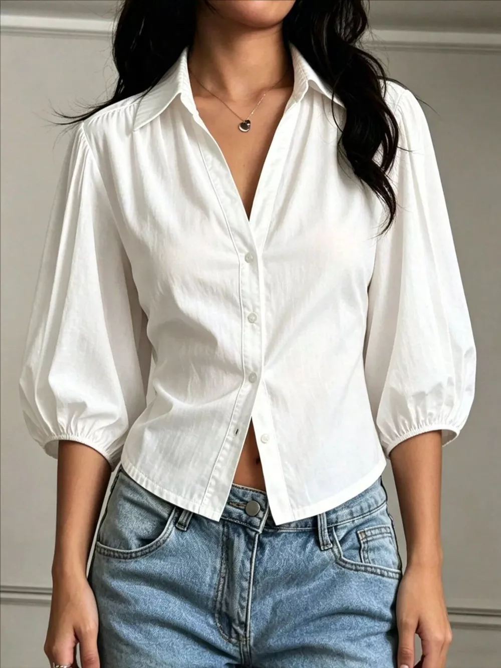 Button-Down Shirt with Puff Sleeves, image 3