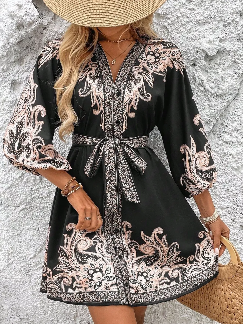Paisley Print V-Neck Belted Mini Dress, image 12