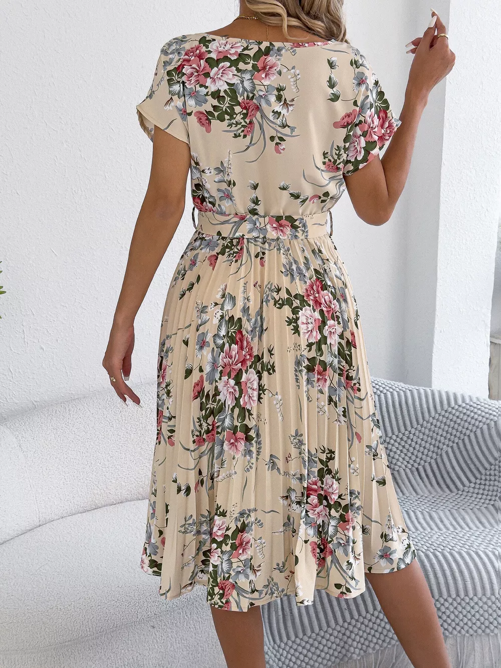 Floral Print Pleated A-Line Midi Dress, image 3