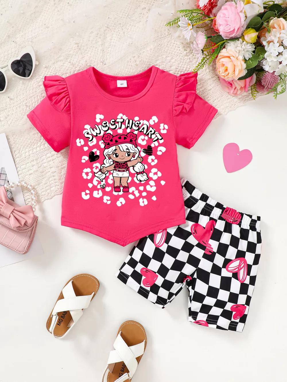 Children's Ruffled Short Sleeve Tee and Checkerboard Shorts Set