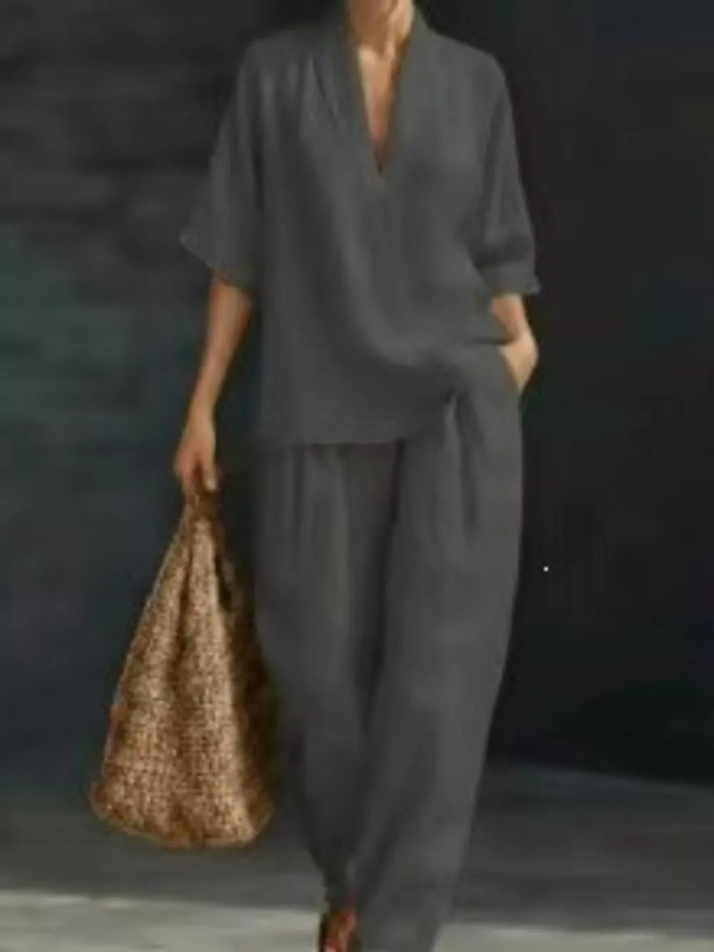 Full Size Half Sleeve Top and Wide Leg Pants Set Plus Size, image 8