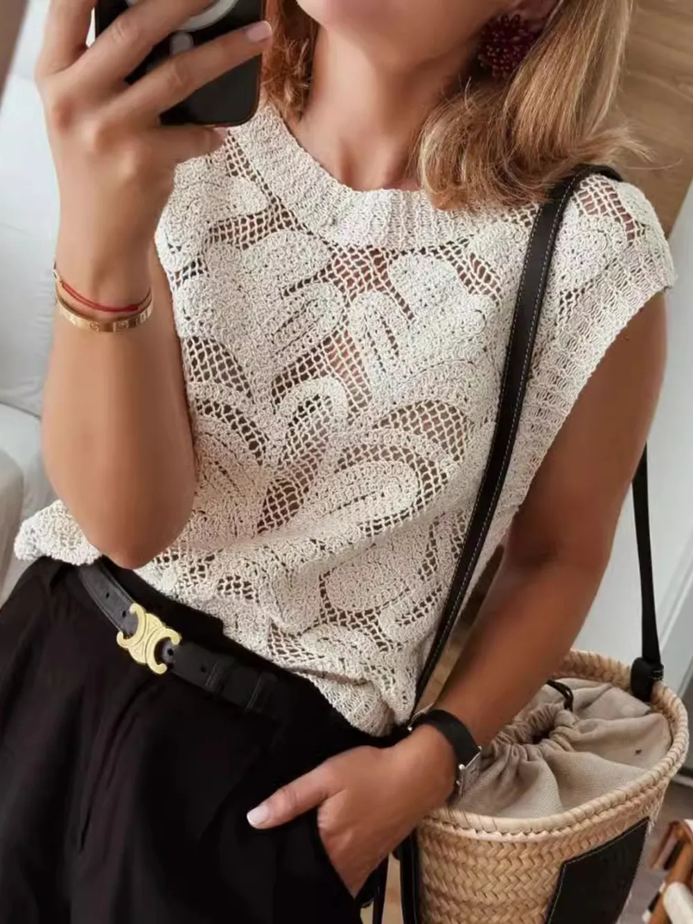 Lace Knit Sleeveless Sweater Vest, image 3
