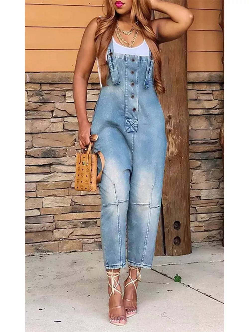 Full Size Button Front Denim Overalls with Pockets Plus Size, image 10