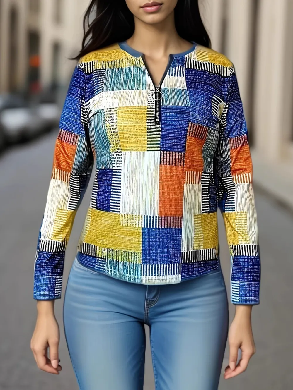 Color Block Zip Front Long Sleeve Top, image 2