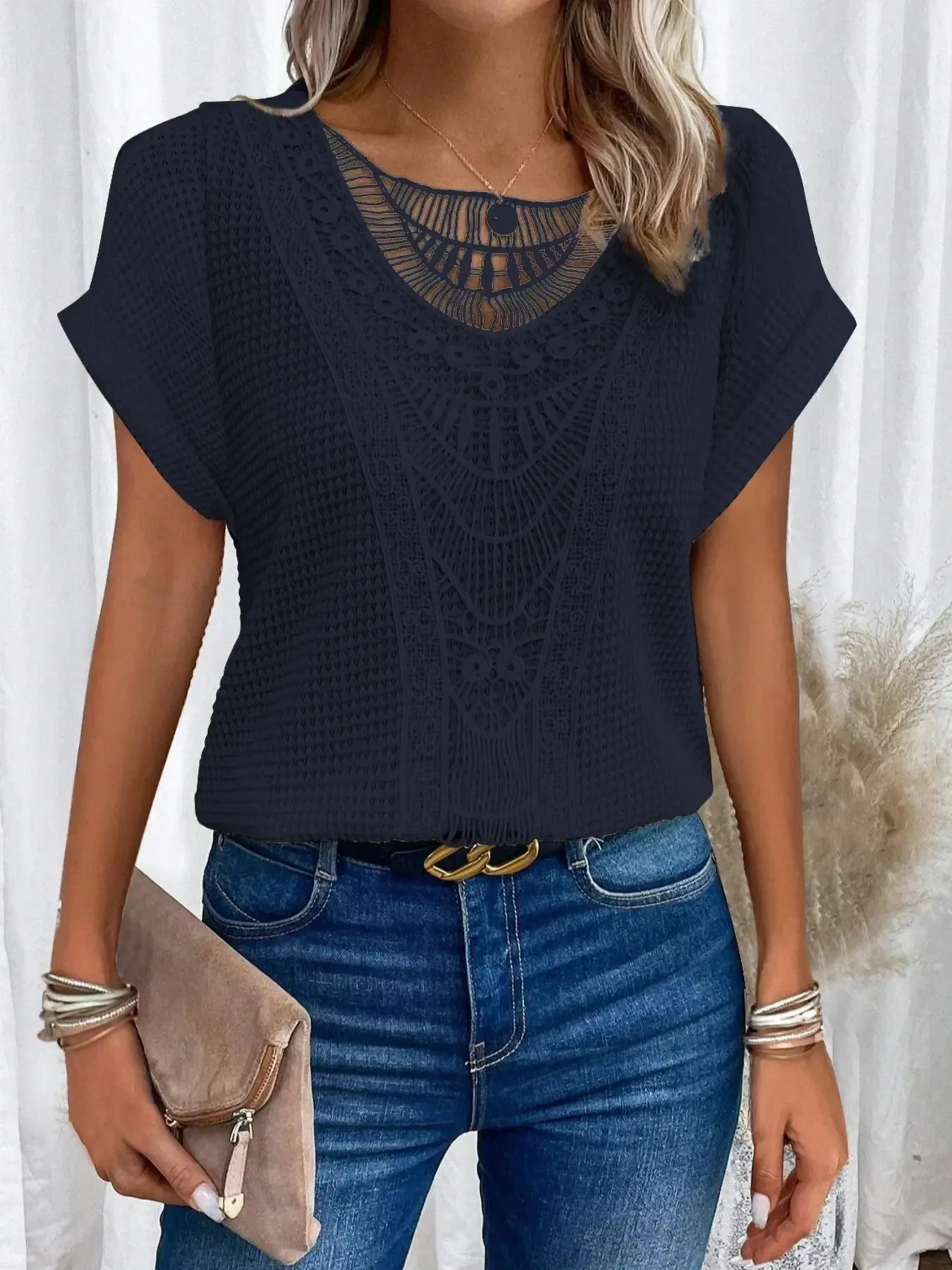 Crochet Lace Short Sleeve Casual T-Shirt, image 23