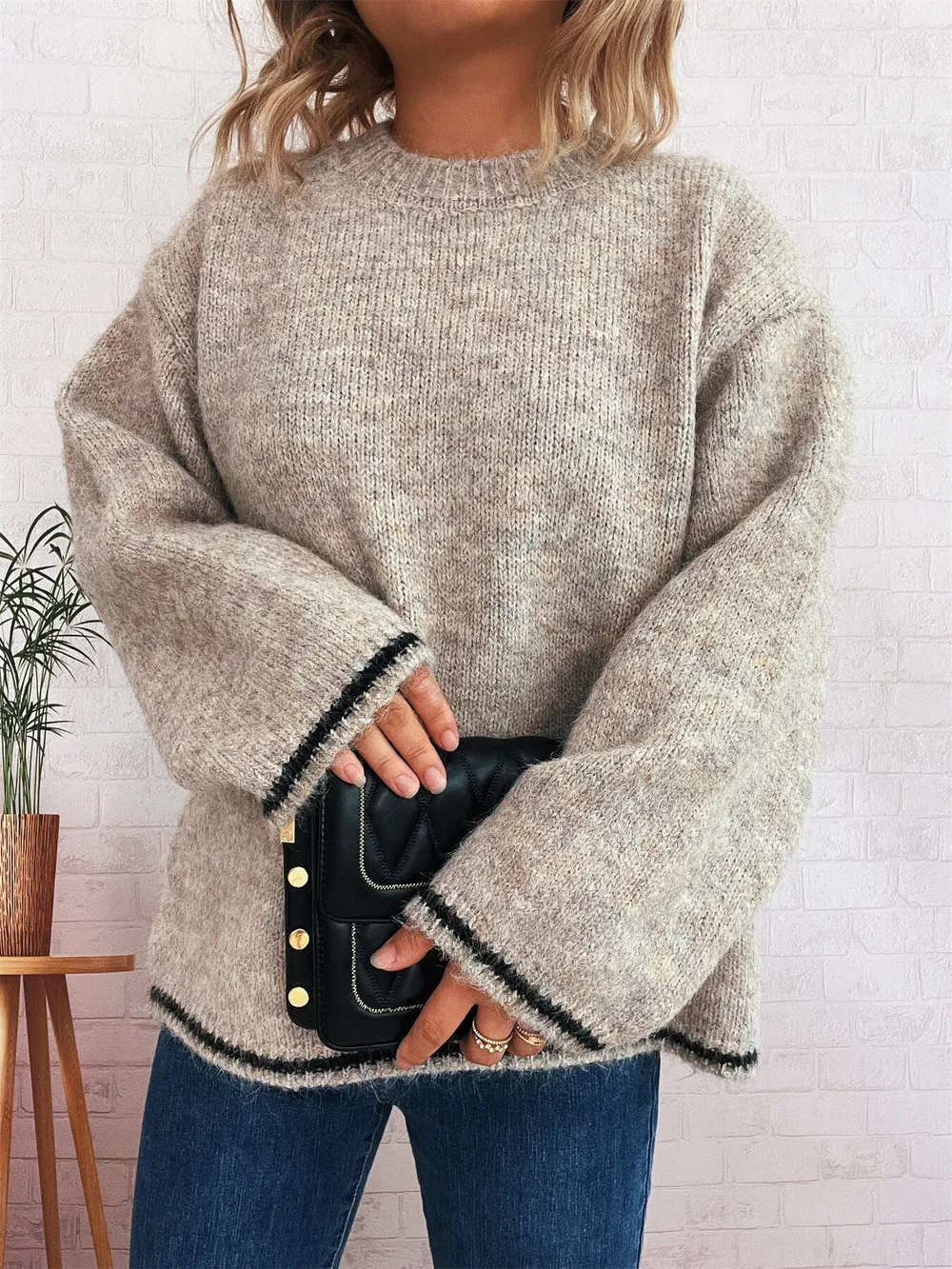 Contrast Trim Round Neck Cozy Sweater, image 12