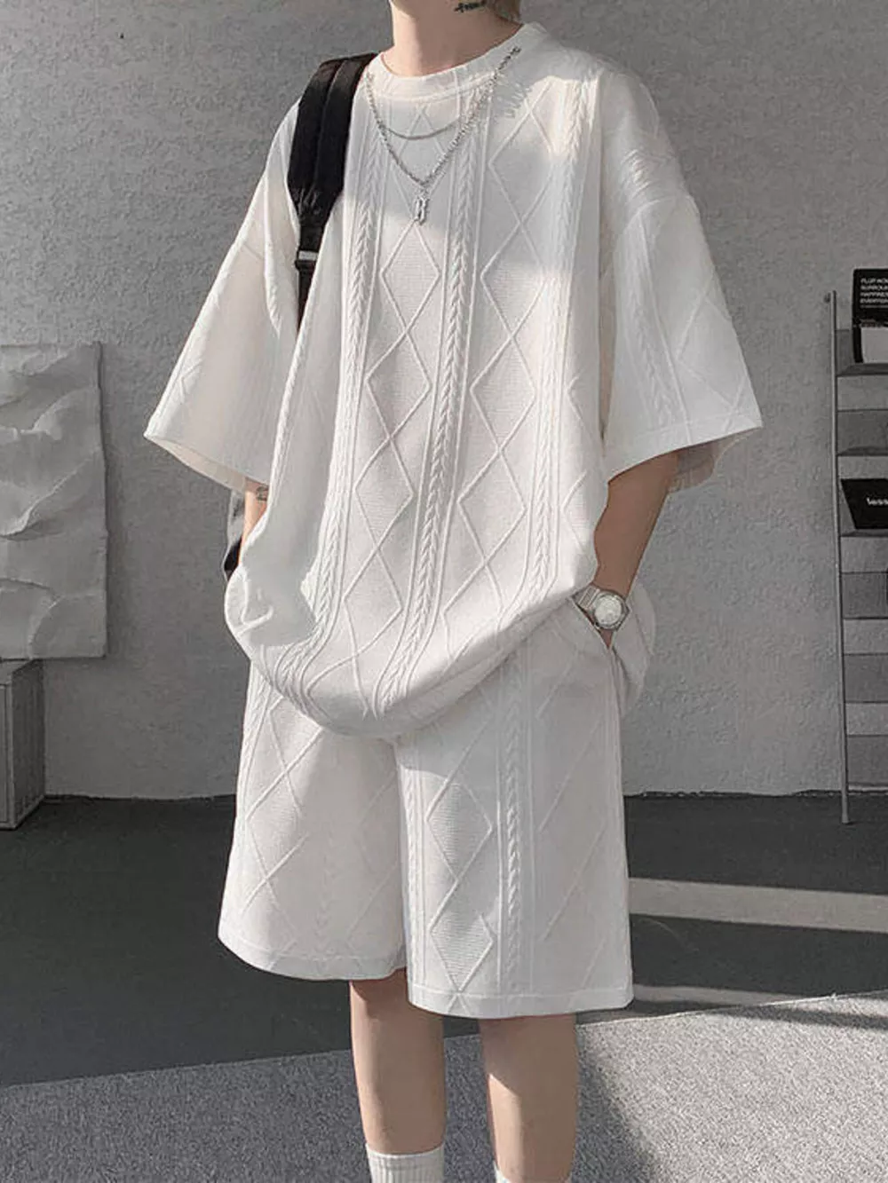 Men's Plus Size Textured Relaxed Fit Top and Shorts Set, image 7