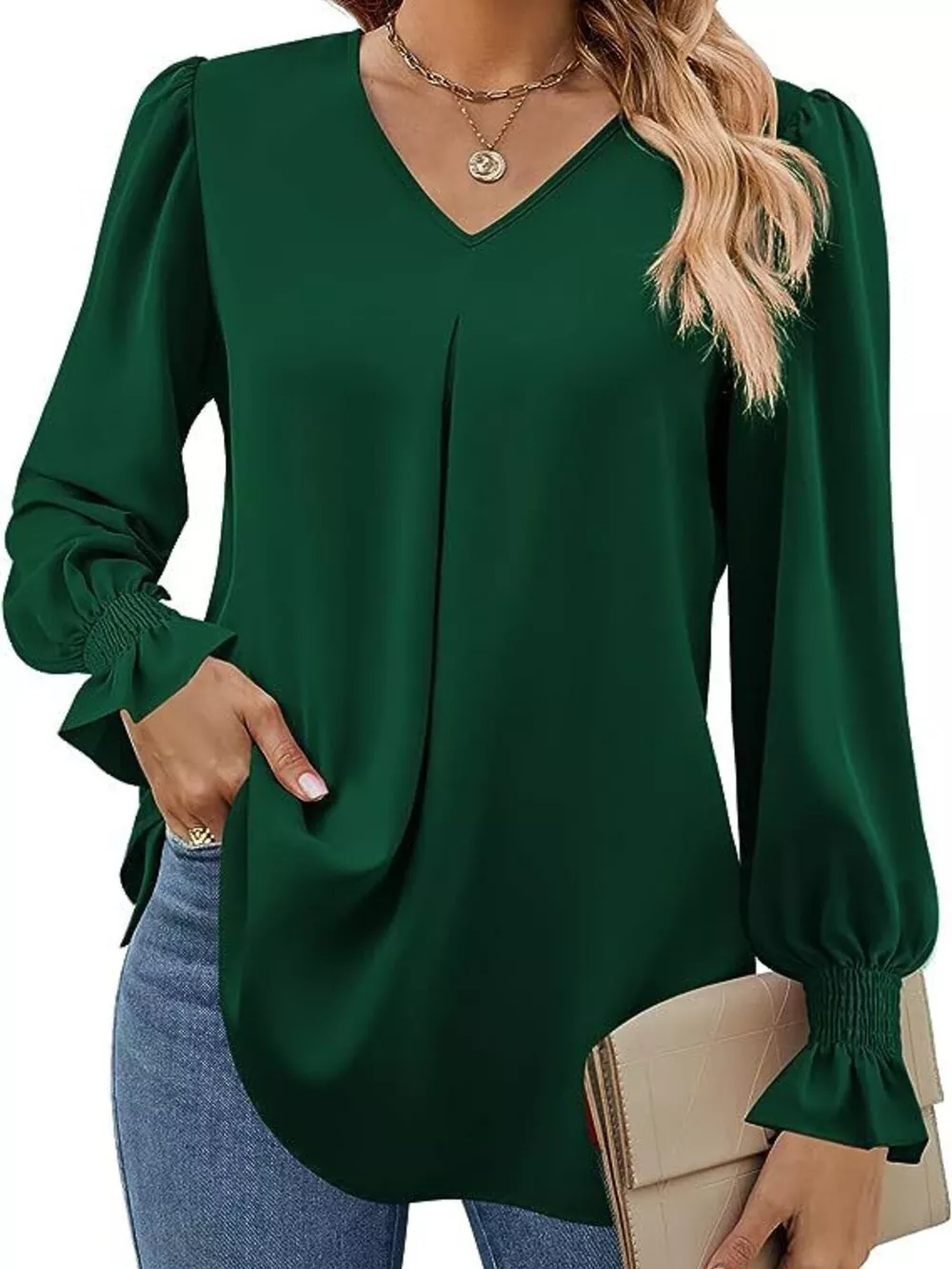 V-Neck Long Sleeve Ruffle Cuff Blouse, image 23