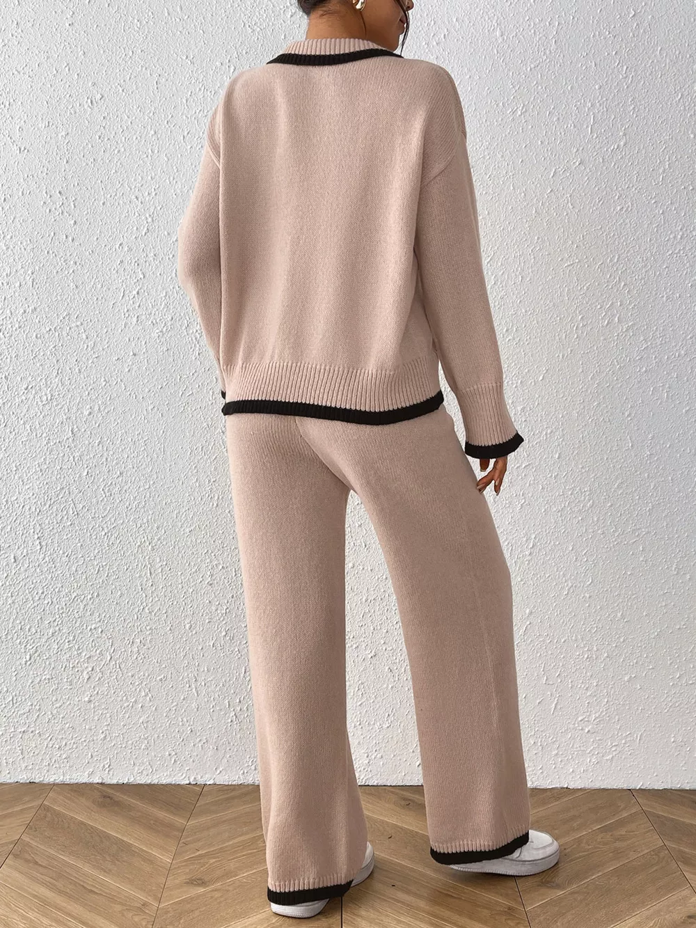 Contrast Trim Polo Collar Top and Pants Sweater Set, image 8