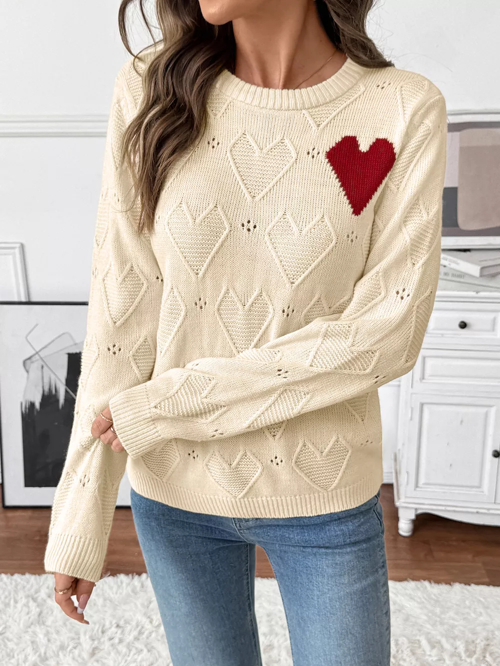 Openwork Heart Round Neck Sweater, image 2