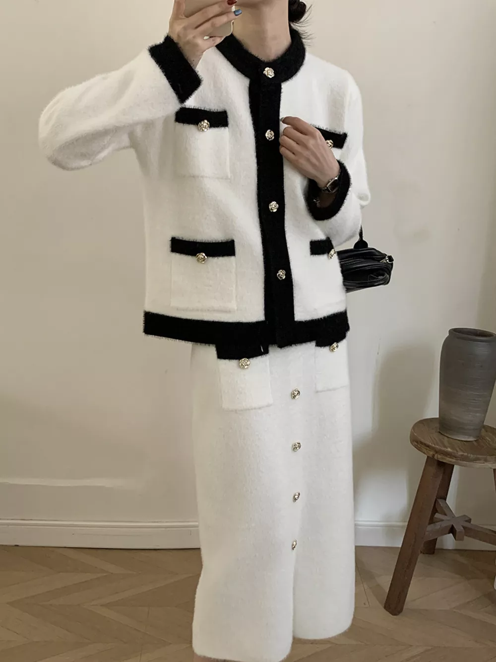 Contrast Trim Jacket and Skirts Sweater Set, image 3