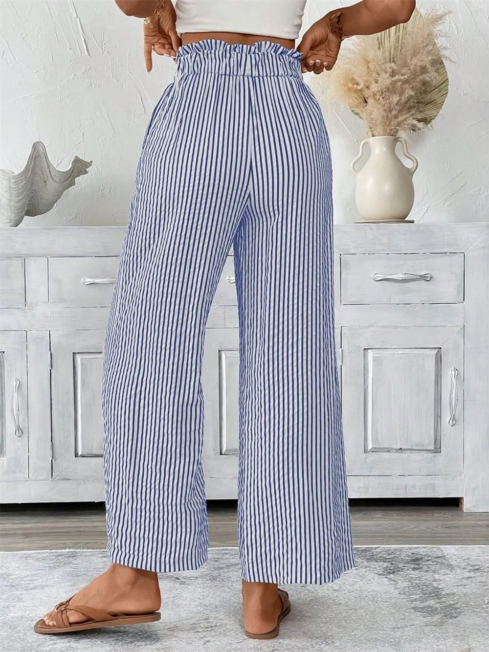 Full Size Striped Wide Leg Paper Bag Pants Plus Size, image 6