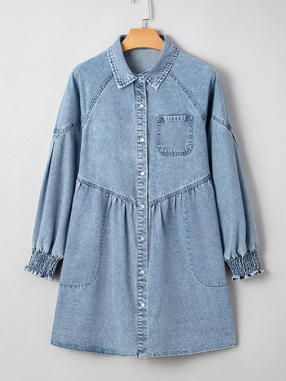 Smocked Cuffs Flared Denim Shirt Mini Dress, image 9