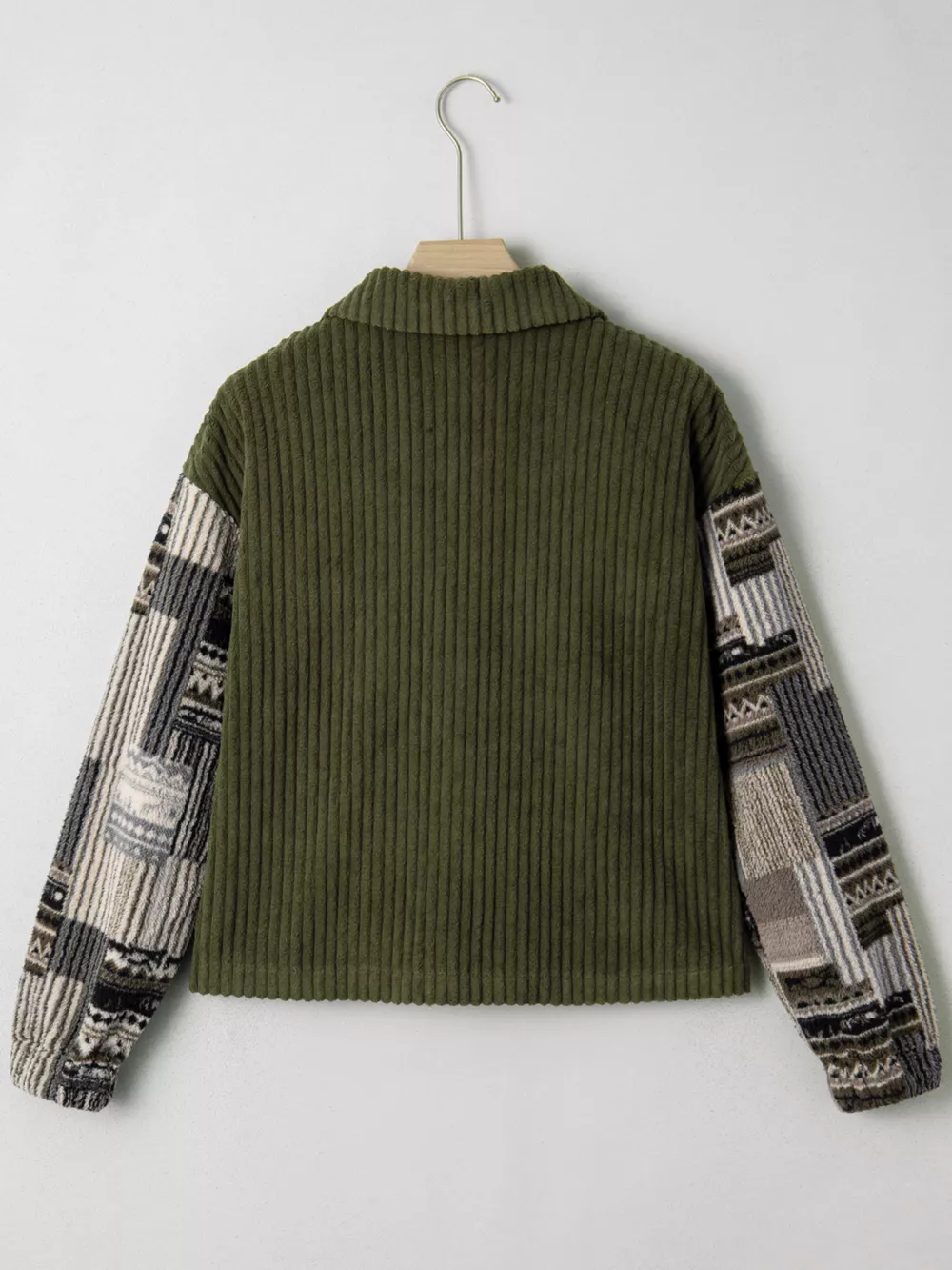 Ribbed Fleece Plaid Print Patchwork Button Up Jacket, image 3