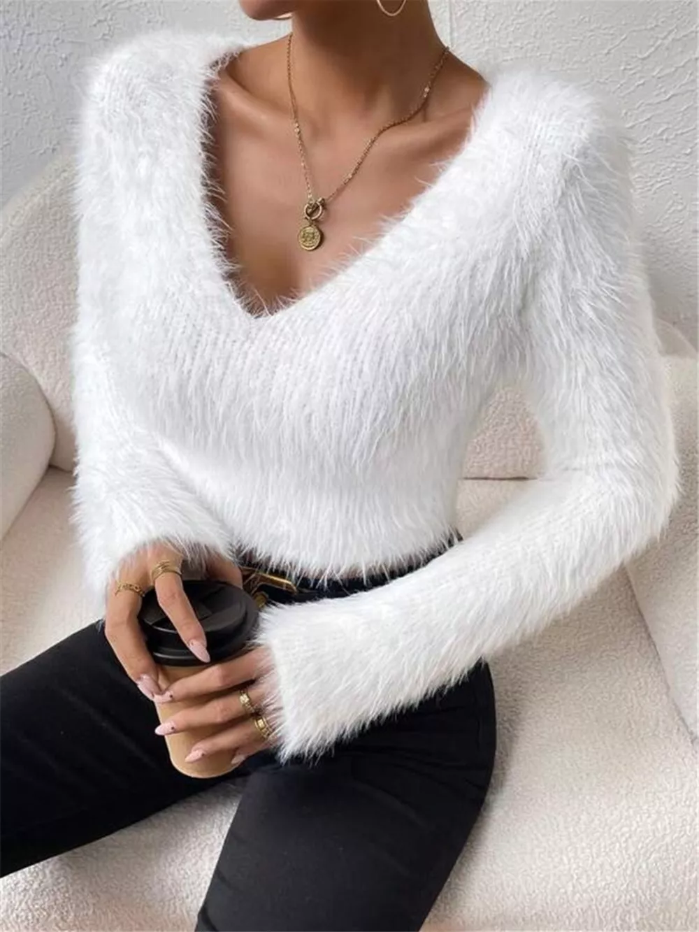 Fluffy Knit V-Neck Sweater, image 9