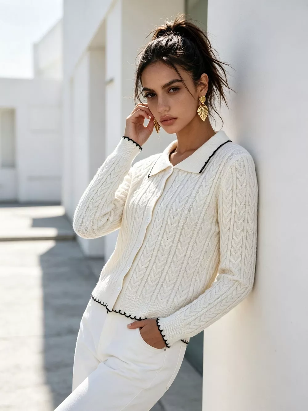 Cable Knit Polo Collar Button-Up Cardigan, image 8