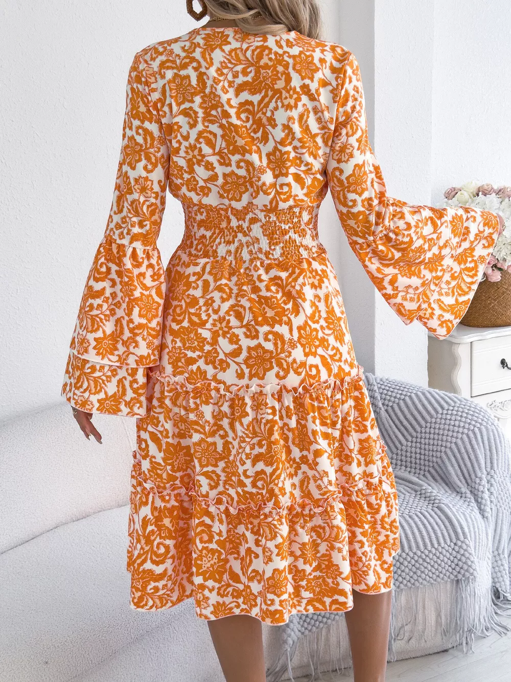 Floral Print Smocked Ruffle Hem Flared Sleeve Dress, image 6