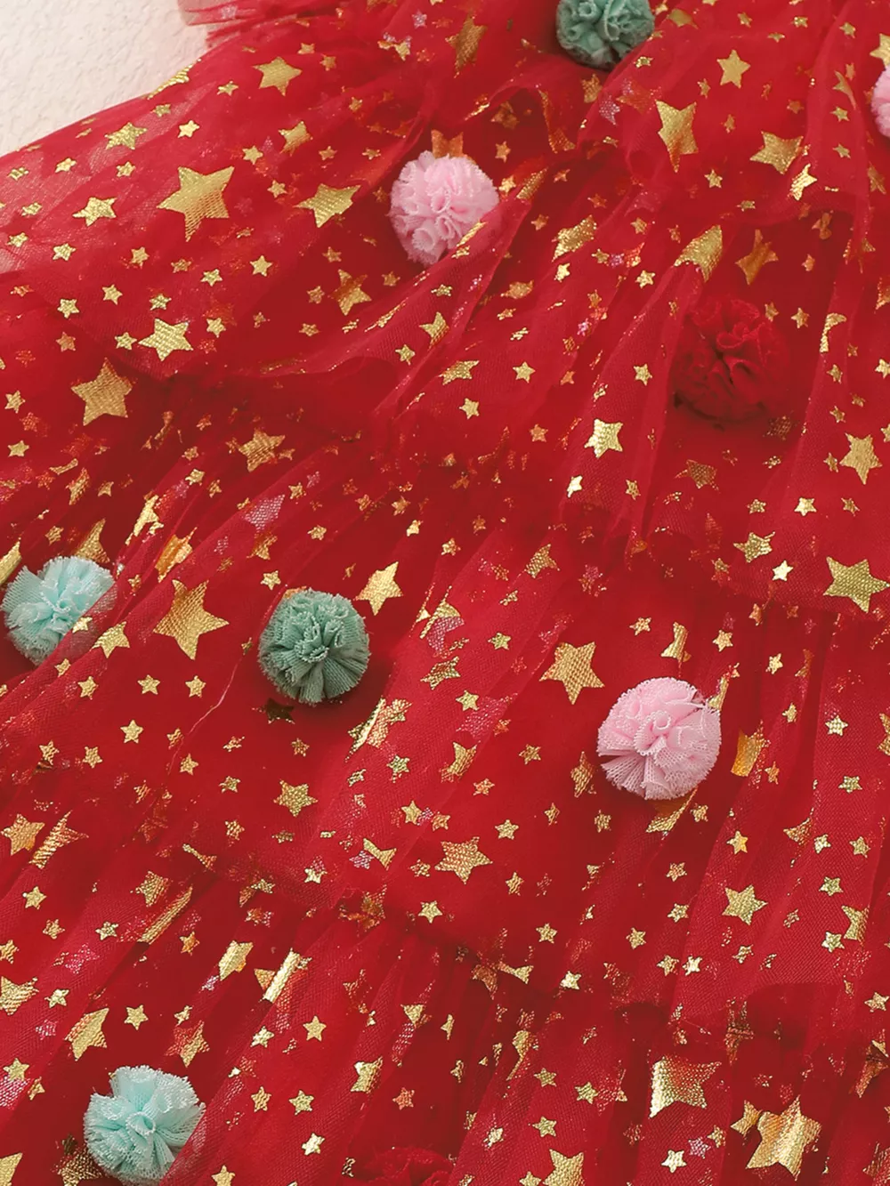 Children's Star Print Pom-Pom Embellishments Tulle Dress, image 8