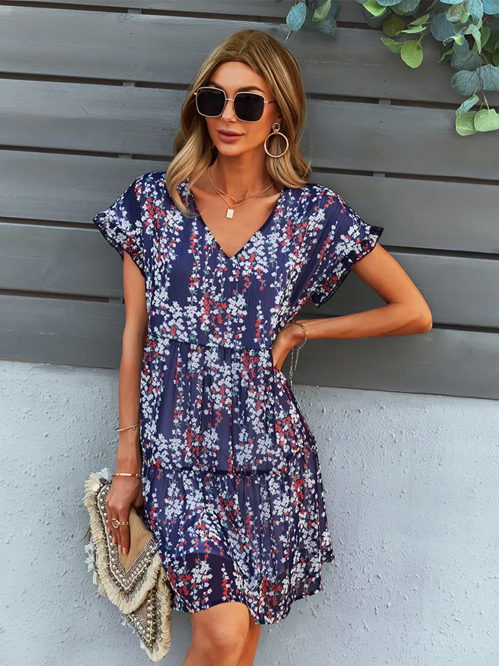 Floral Print V-Neck Ruffle Tiered Summer Mini Dress, image 7