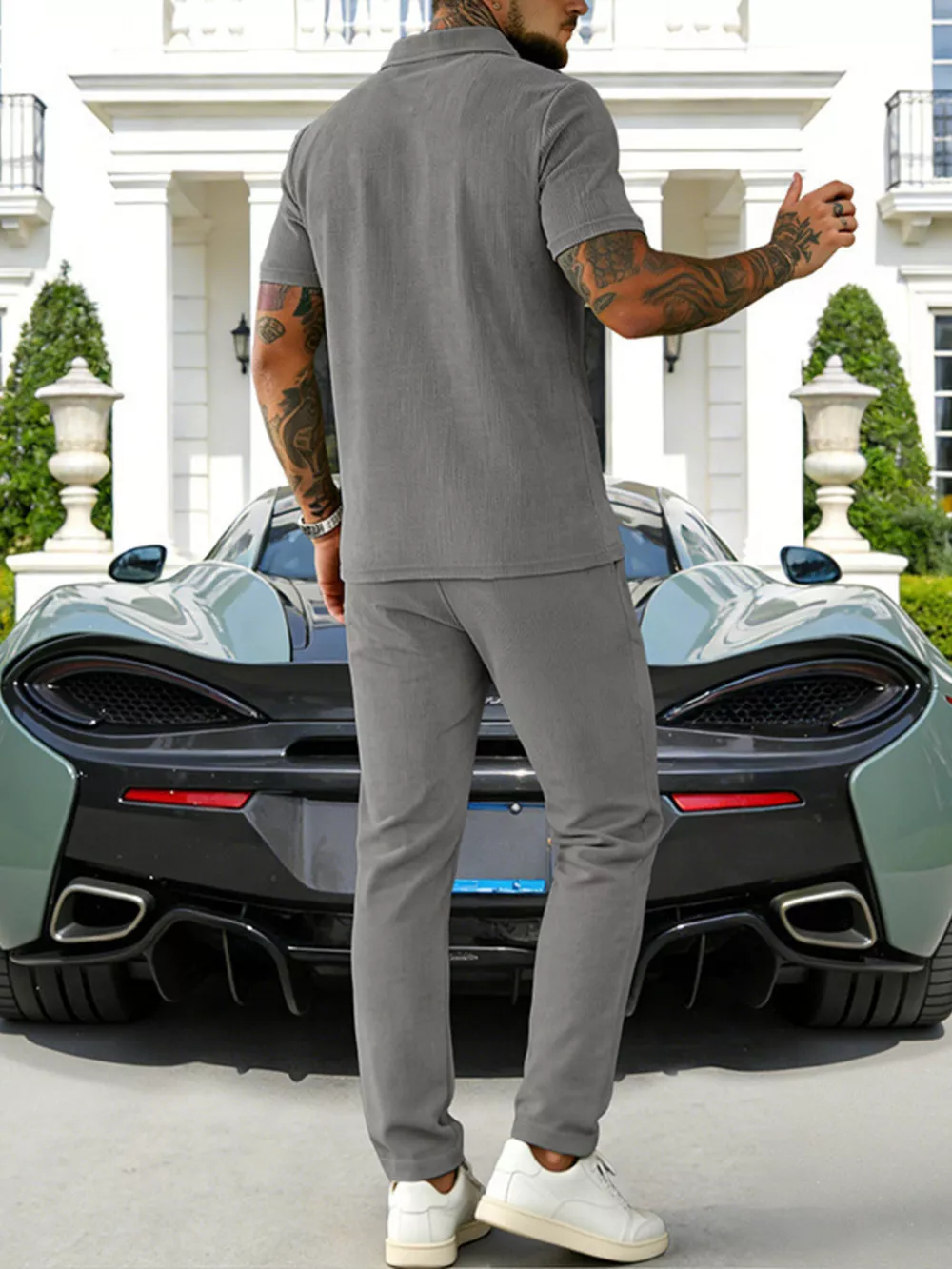 Men's Full Size Casual Zipper Polo Shirt and Drawstring Pants Set Plus Size, image 10
