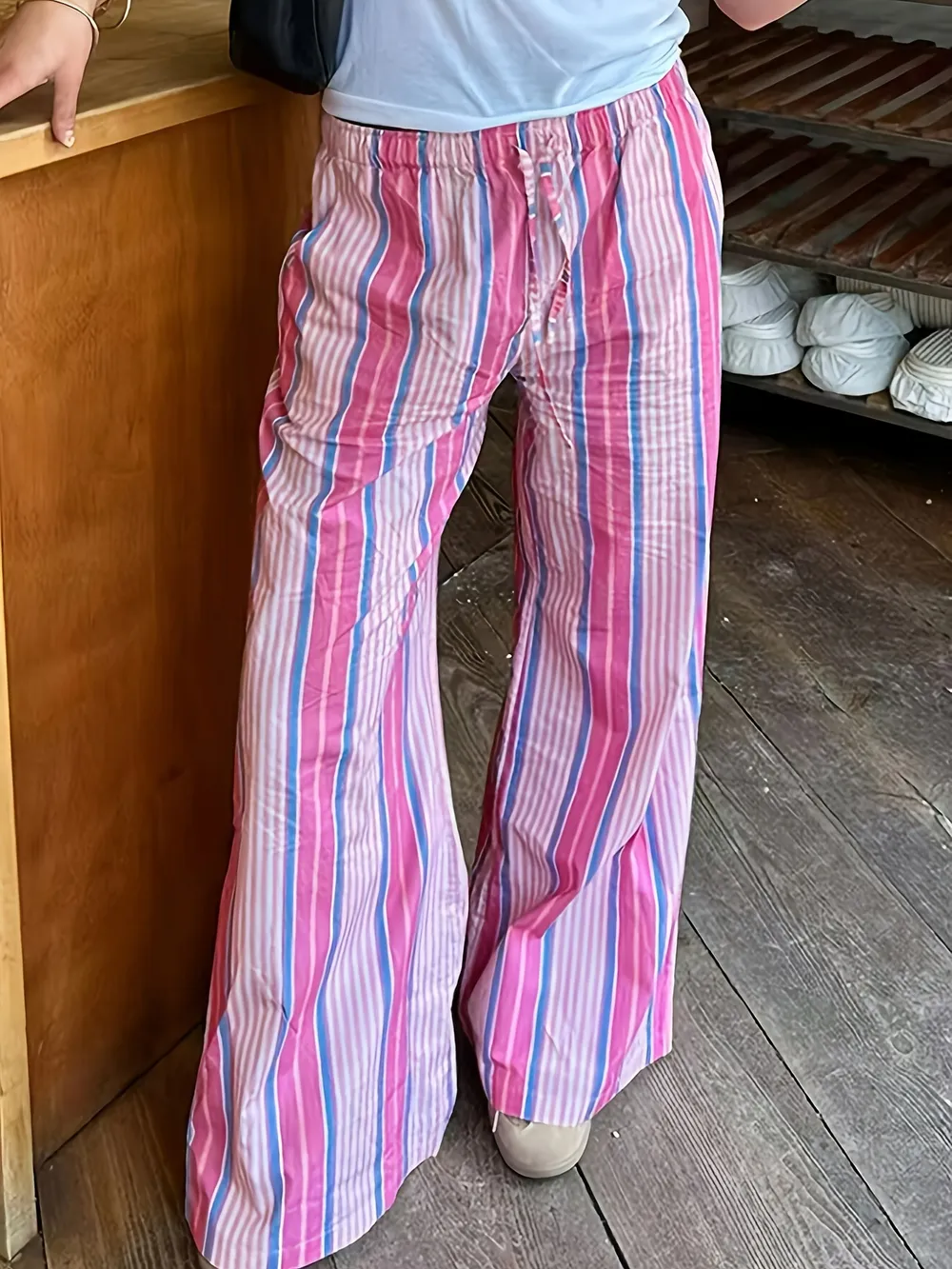 Striped Wide Leg Drawstring Pants, image 2