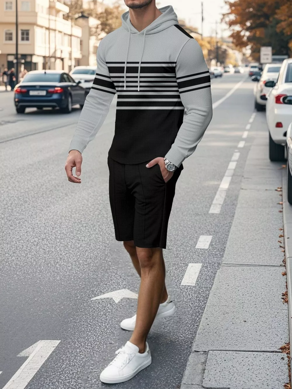 Men's Full Size Striped Hoodie & Shorts Casual Set Plus Size, image 8