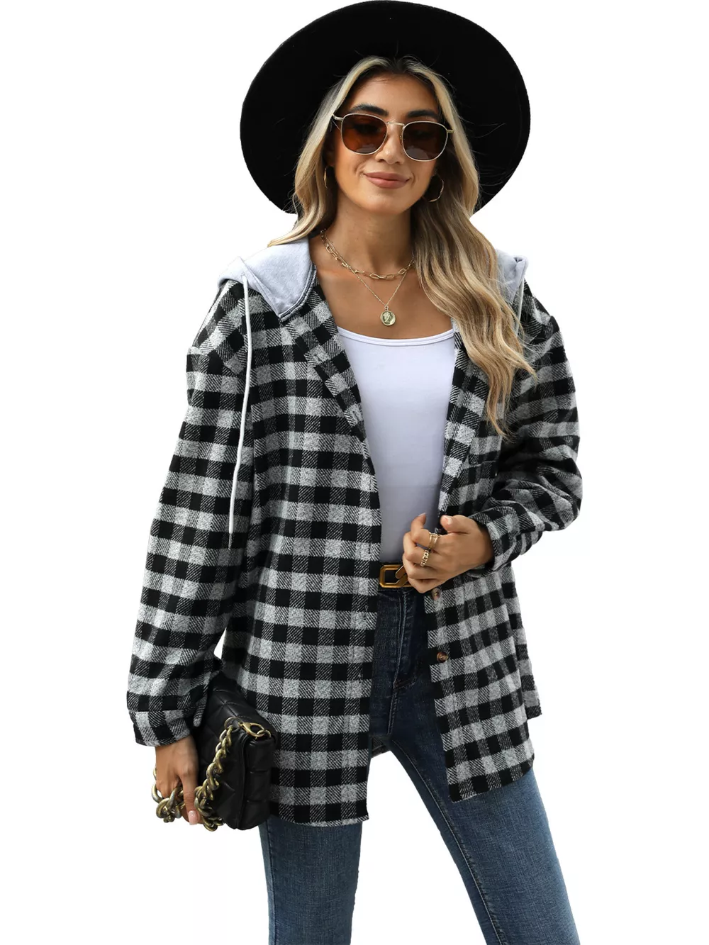 Plaid Button Up Long Sleeve Drawstring Hooded Jacket, image 6