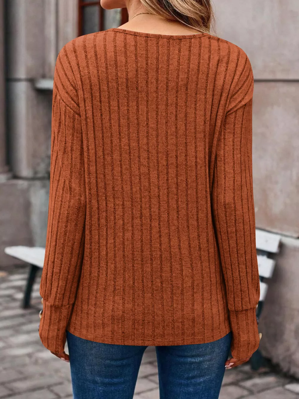 Ribbed V-Neck Long Sleeve Top, image 5