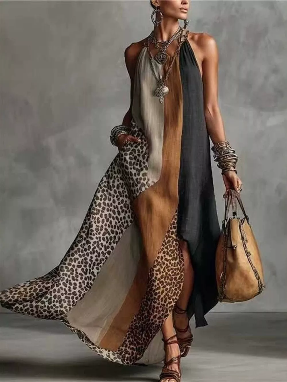 Color-Block Leopard Print Sleeveless Maxi Dress