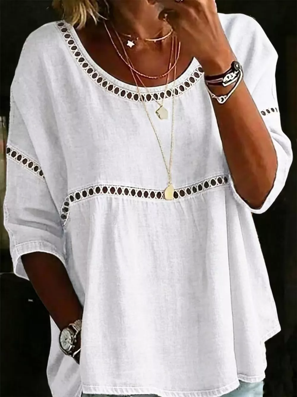 Full Size Hollow Out Round Neck Top Plus Size, image 12