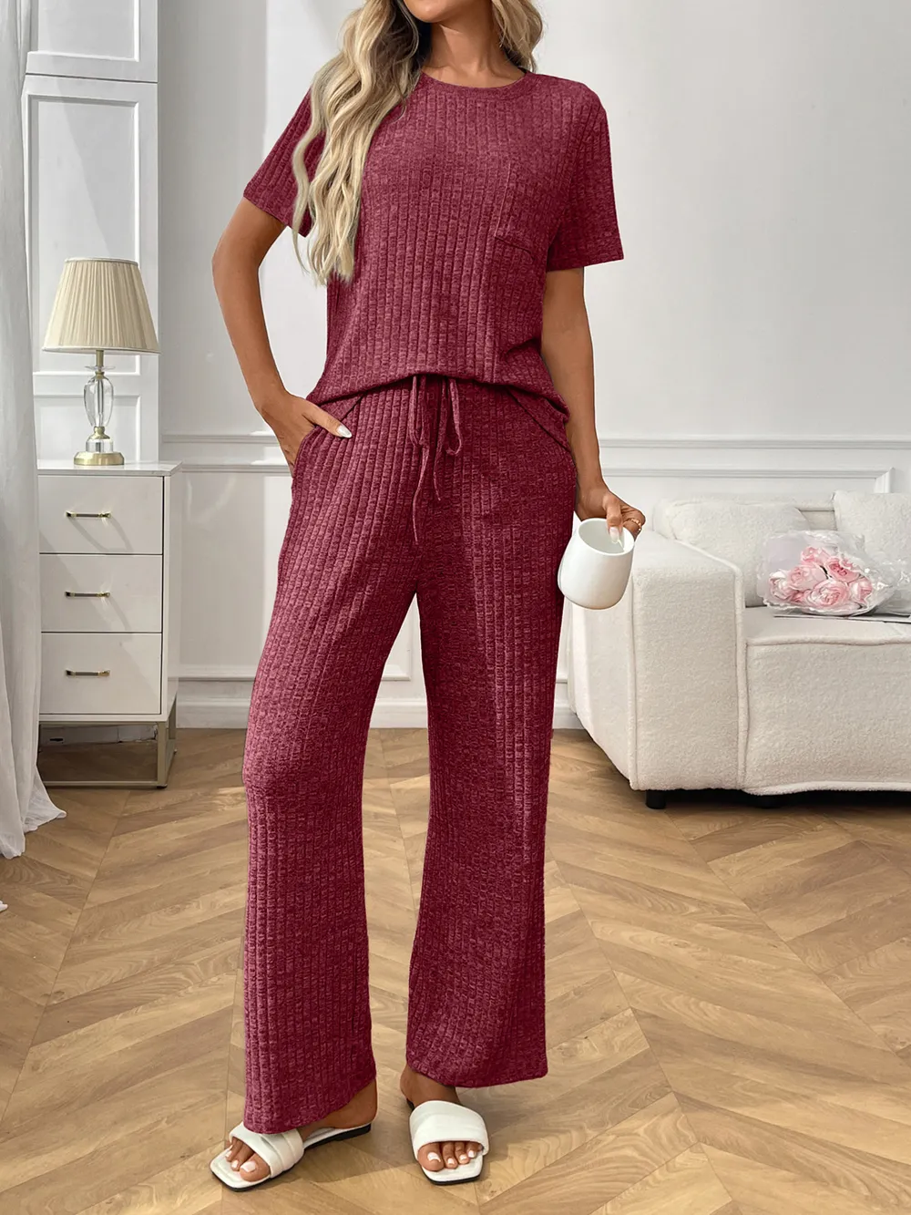 Ribbed Knit Short Sleeve Top and Pants Lounge Set, image 6