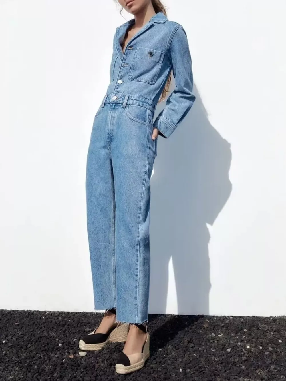 Vintage Wash Long Sleeve Denim Jumpsuit with Button-Down Front