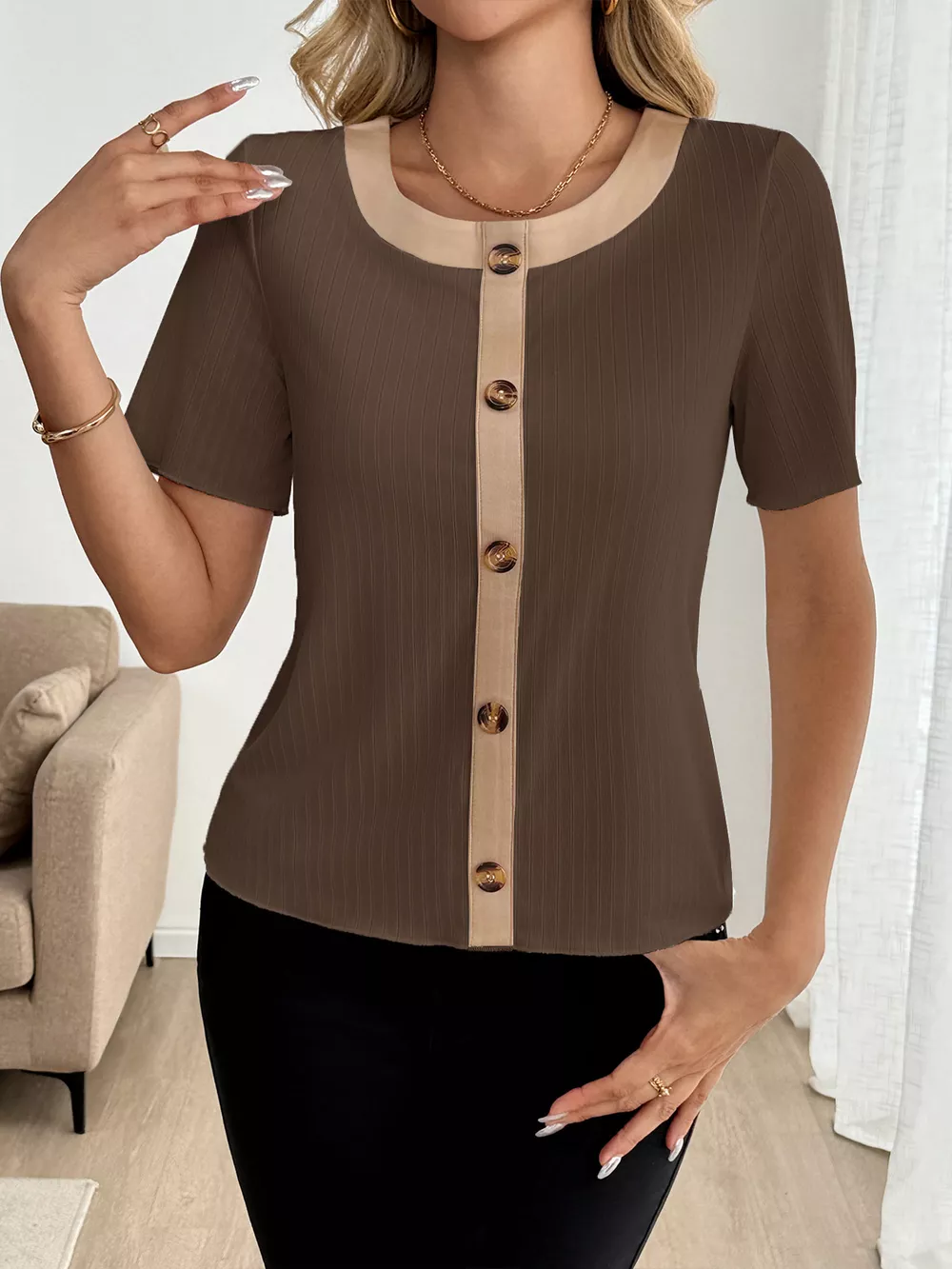 Decor Button Round Neck Short Sleeve Blouse, image 7