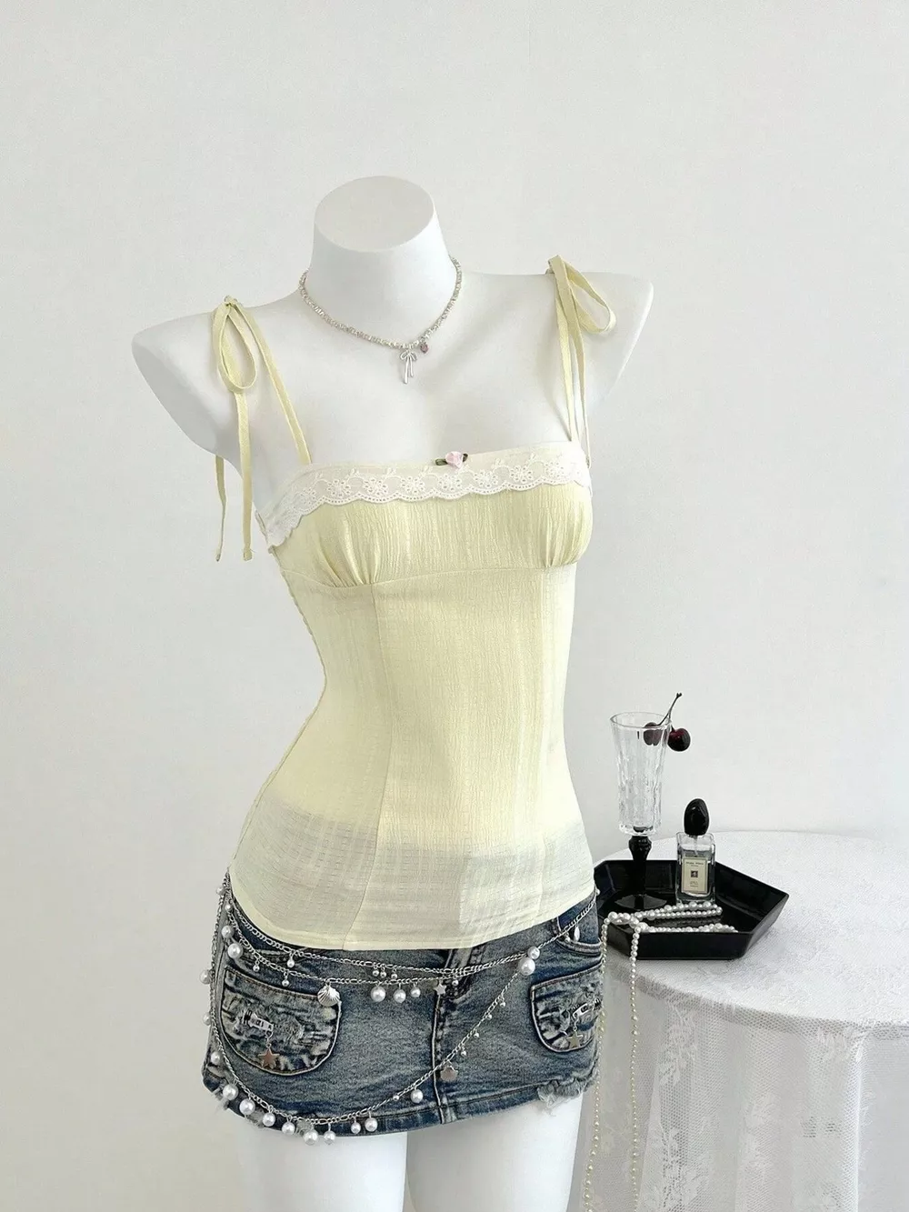 Lace-Trimmed Tie Shoulder Cami