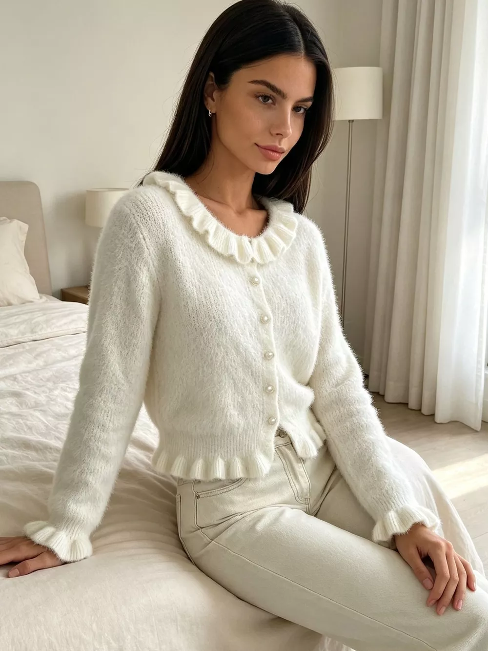 Soft Fuzzy Cardigan with Ruffled Collar and Pearl Buttons, image 7