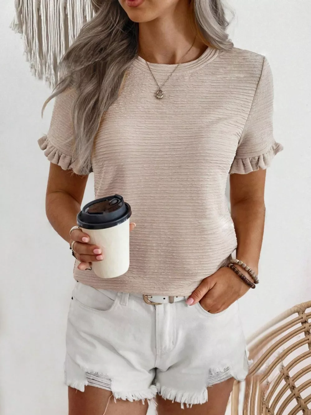 Textured Ruffle Sleeve Round Neck T-Shirt, image 18