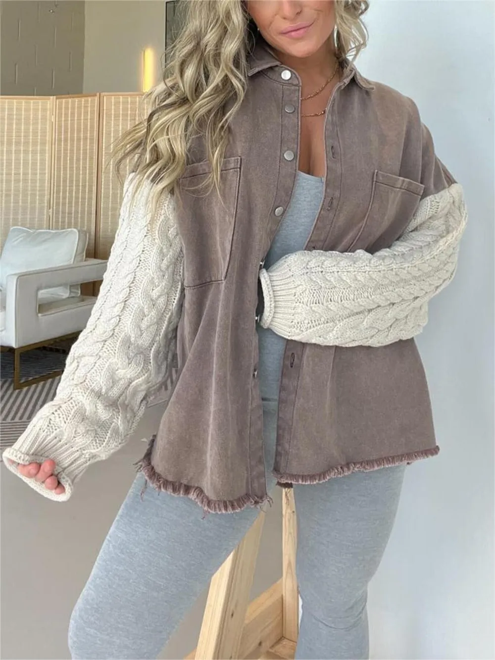 Full Size Raw Hem Button Up Patchwork Denim Jacket Plus Size, image 9