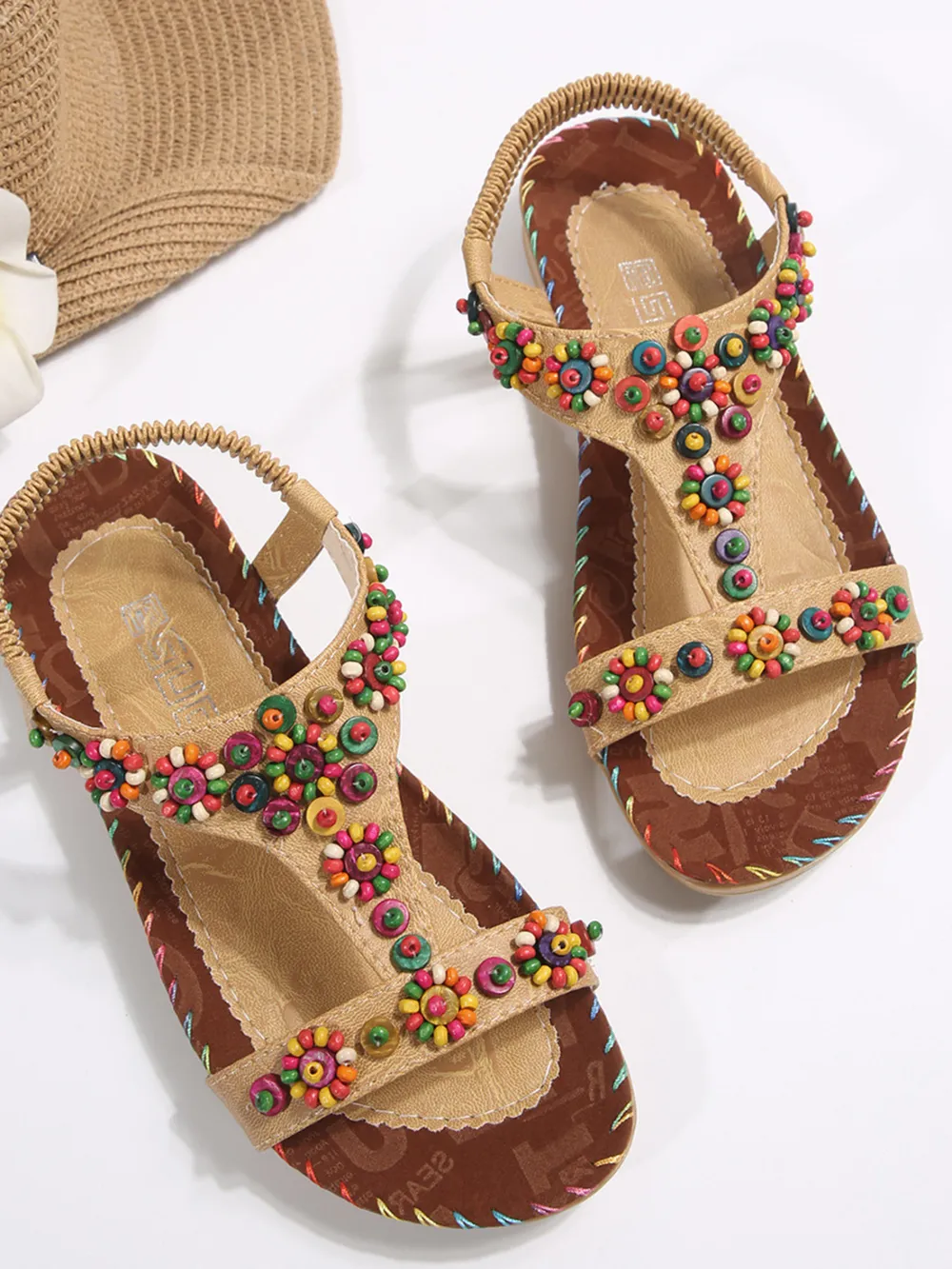Beaded T-Strap Flat Sandals, image 4