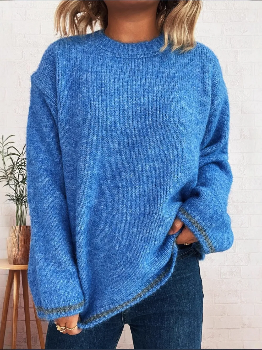 Contrast Trim Round Neck Cozy Sweater, image 25