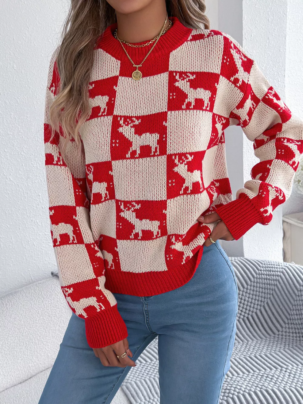 Reindeer Checkerboard Pattern Pullover Sweater