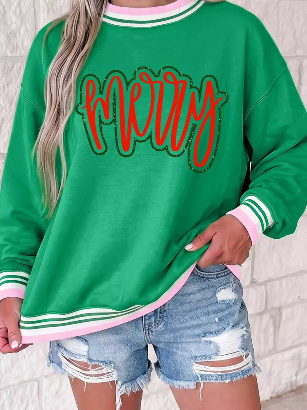 Merry Holiday Graphic Striped Trim Crew Neck Sweatshirt