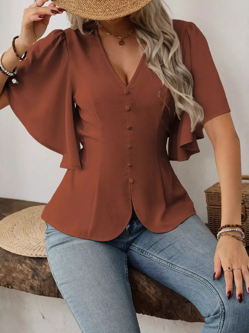 V-Neck Flutter Sleeve Blouse, image 12